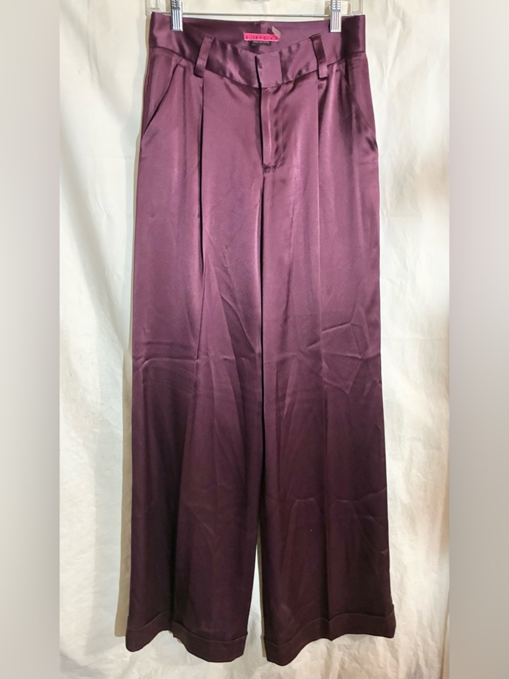 Alice + Olivia Purple Satin Wide Leg Trousers Pants Sz 6 Cuffs Stunning Designer